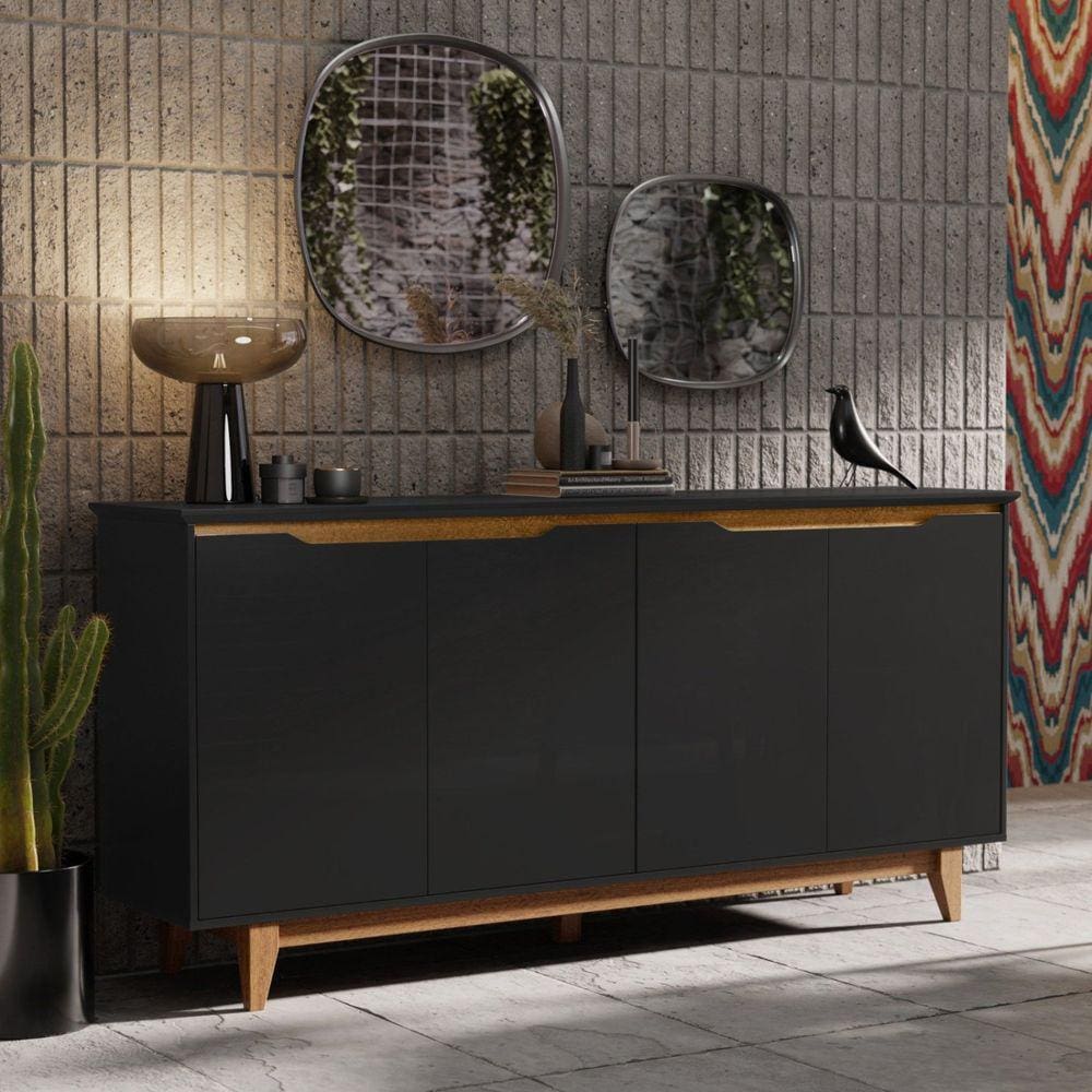 Buffet Aparador Retrô 4 Portas Pés em Madeira Flow EJ Móveis Preto