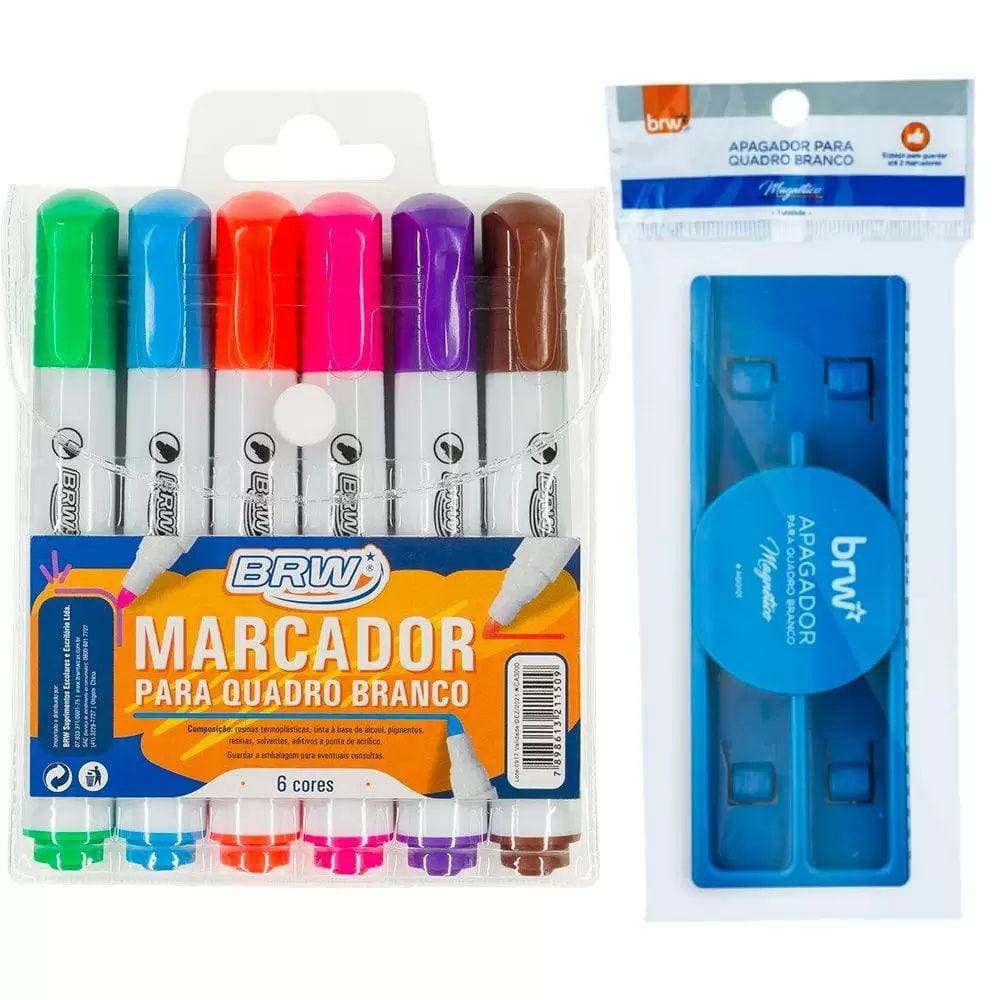 Kit 6 Marcador Quadro Branco Lousa 6 Cores + Apagador Magnético c/ Porta Caneta BRW