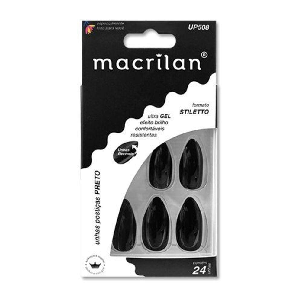 Macrilan Unhas Postiças Stiletto Preto Up508 (24 Unidades)