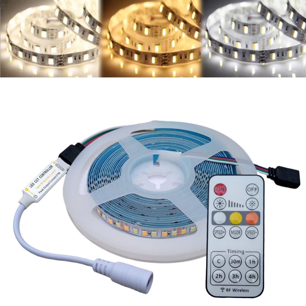 Fita De Led 3528 Com 3 Cores De Luz Iluminação (Frio, Quente e Morno) De 5M De 12V Com Controlador E Controle Remoto