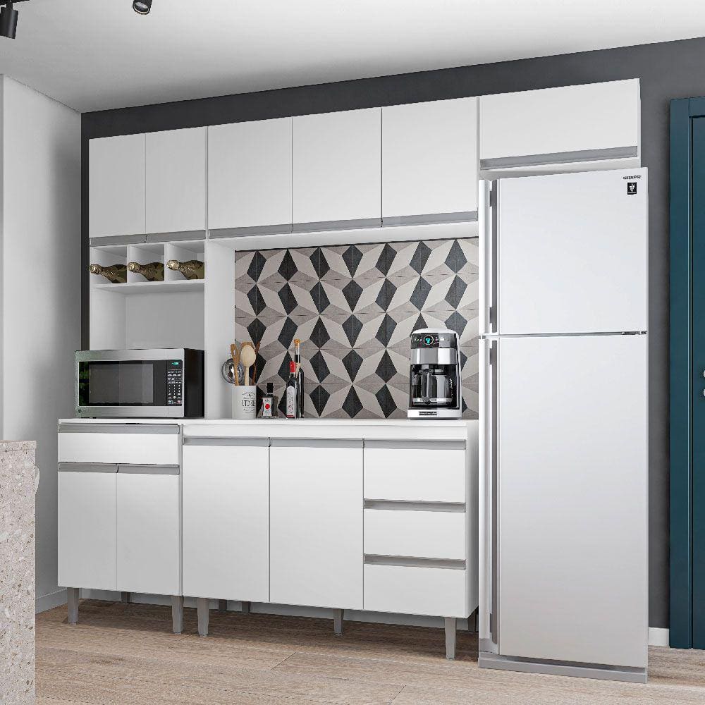 Cozinha Modulada Andréia 2,40m 10 Portas 4 Gavetas e Balcão com Tampo Cor Branco - AJL