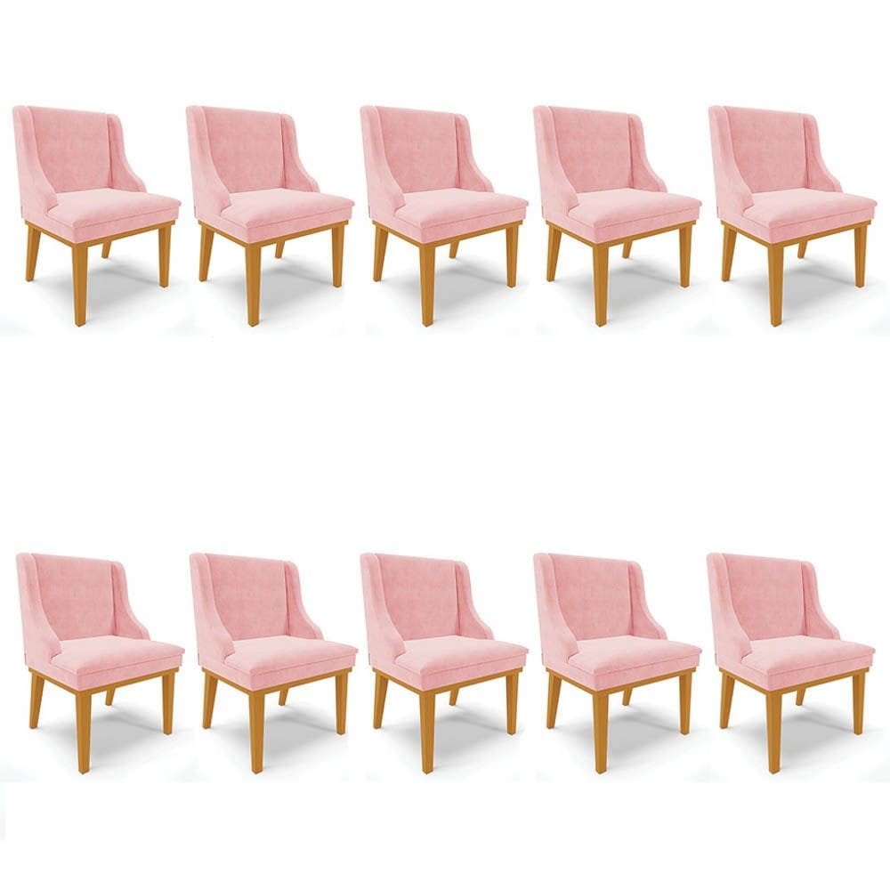Kit 10 Cadeiras Estofadas para Sala de Jantar Base Fixa de Madeira Castanho Lia Suede Rosa bebê - Ib