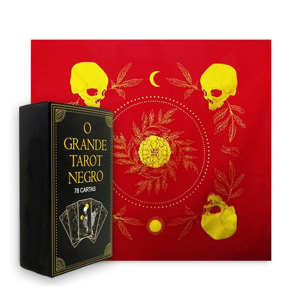 Kit Tarô Toalha Brilho Vermelho/Dourado e Grande Taro Negro