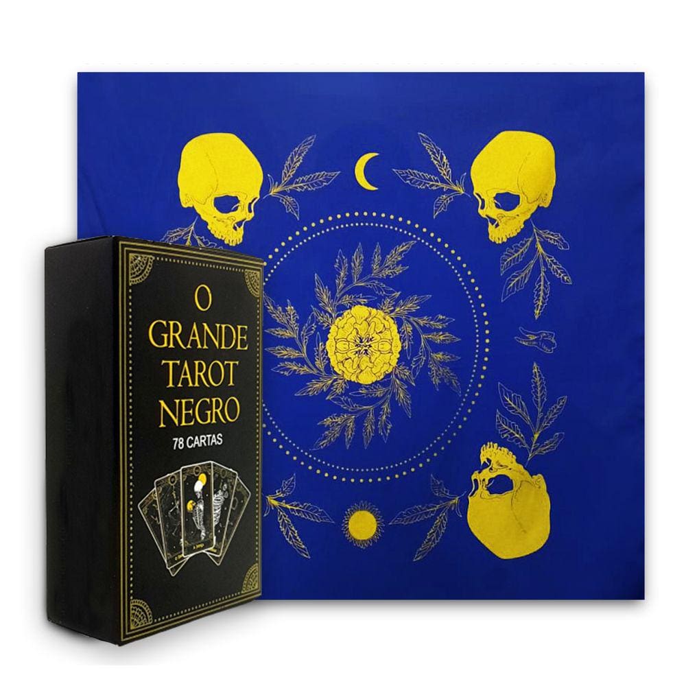 Kit Tarô Toalha Brilho Azul/Dourado e Grande Taro Negro