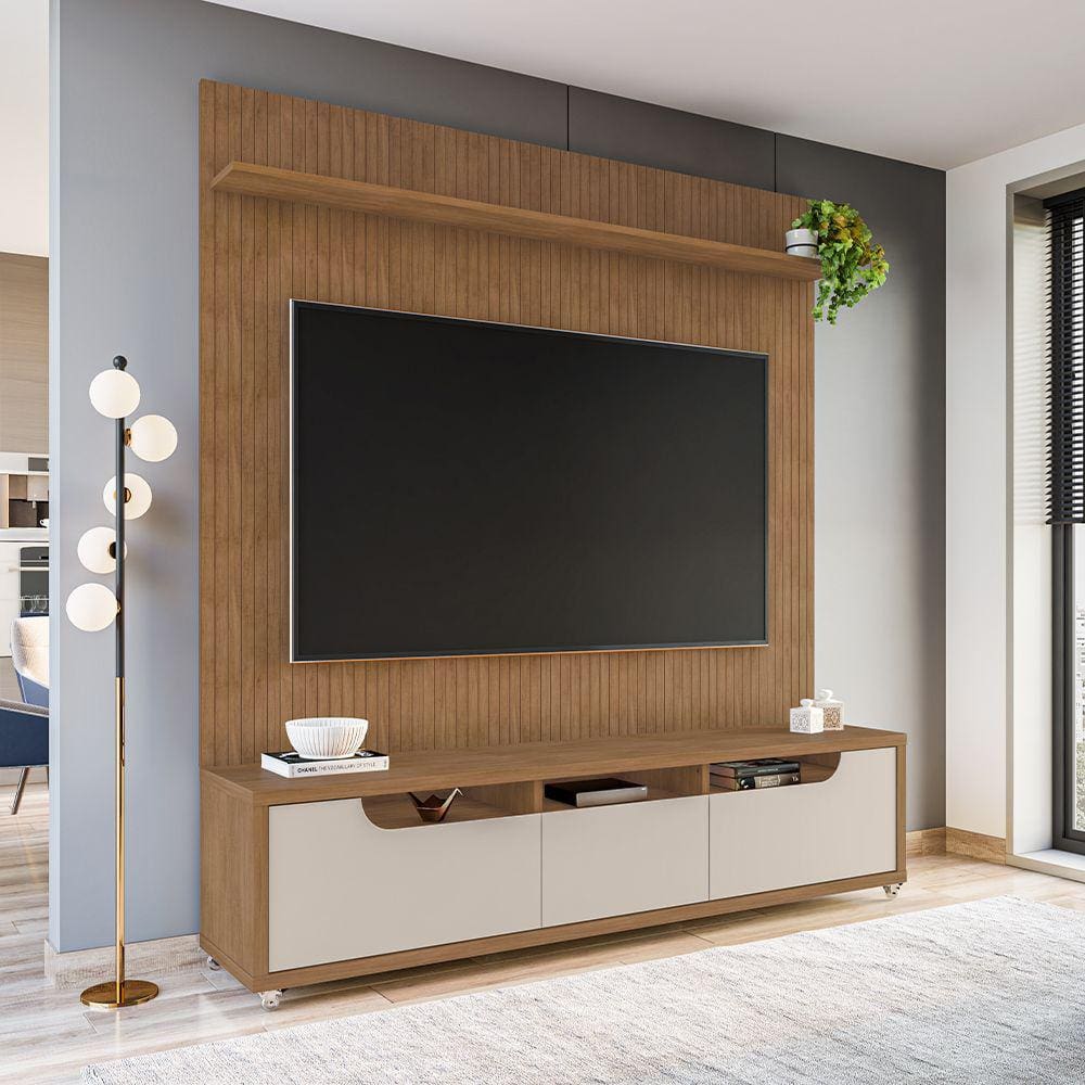 Rack 03 Gavetas Jersey e Painel Siena 220cm Cedro Off White Casa D