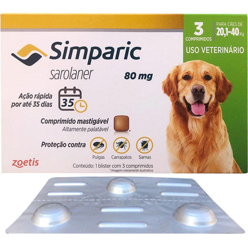 Simparic 20 a 40kg 80mg 3 Comprimidos Mastigáveis Palatáveis Pulgas Carrapatos Sarnas