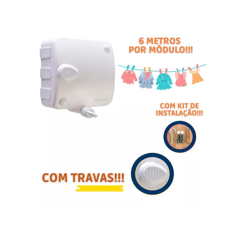 Varal Retrátil De Parede Automático Com 1 Módulo De 6 Metros