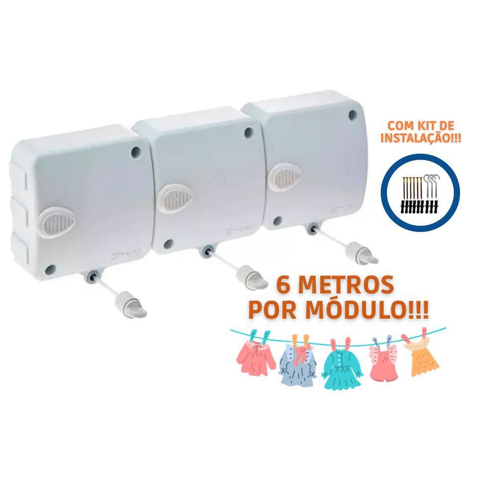 Varal Retrátil De Parede Automático Com 3 Módulos De 6Metros