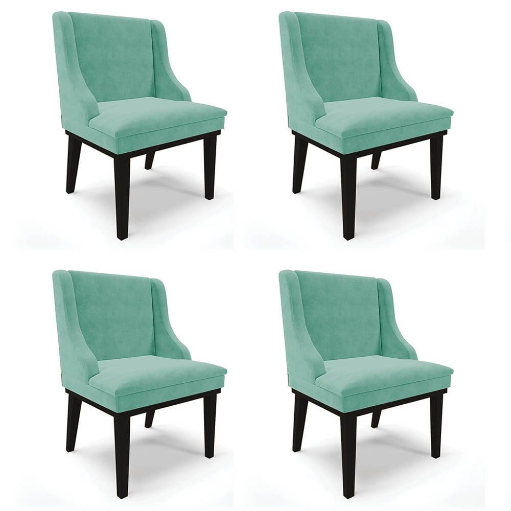 Kit 4 Cadeiras Estofadas para Sala de Jantar Base Fixa de Madeira Preto Lia Suede Azul Turquesa - Ib