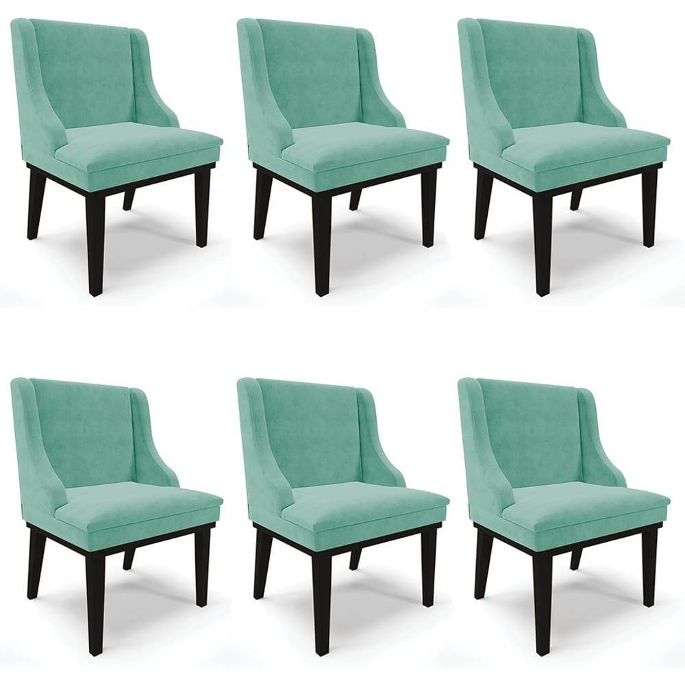 Kit 6 Cadeiras Estofadas para Sala de Jantar Base Fixa de Madeira Preto Lia Suede Azul Turquesa - Ib