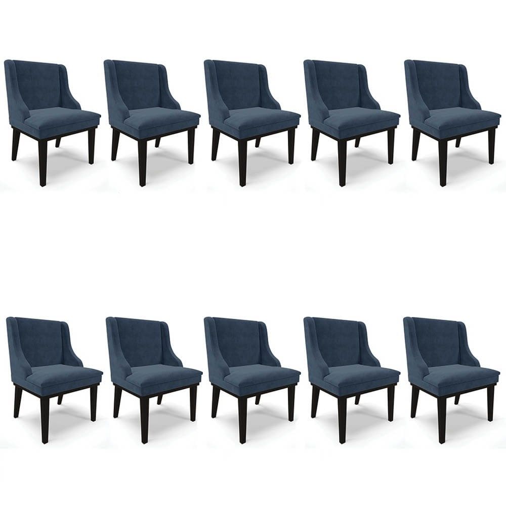 Kit 10 Cadeiras Estofadas para Sala de Jantar Base Fixa de Madeira Preto Lia Suede Azul Marinho - Ib