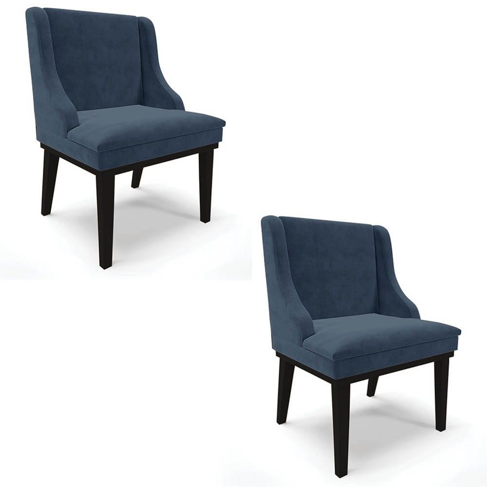 Kit 2 Cadeiras Estofadas para Sala de Jantar Base Fixa de Madeira Preto Lia Suede Azul Marinho - Ibi