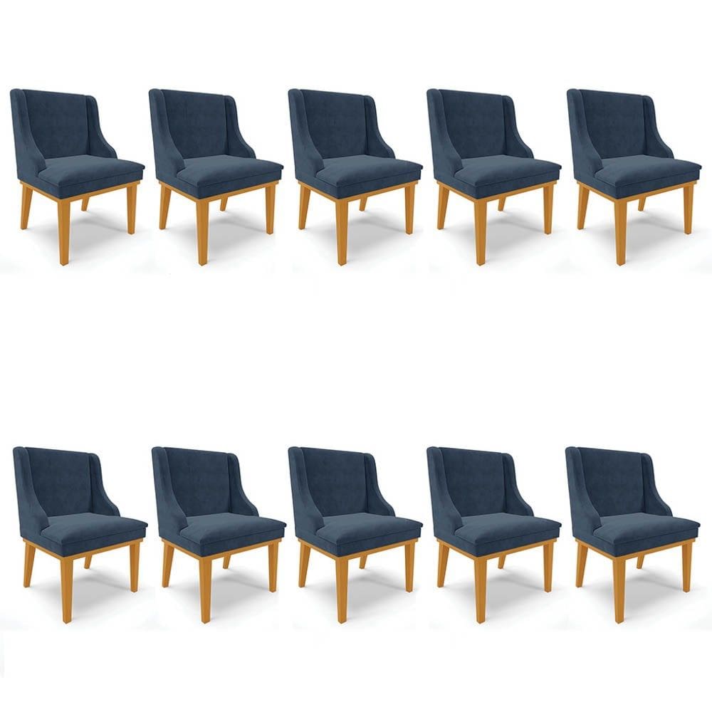 Kit 10 Cadeiras Estofadas para Sala de Jantar Base Fixa de Madeira Castanho Lia Suede Azul Marinho -