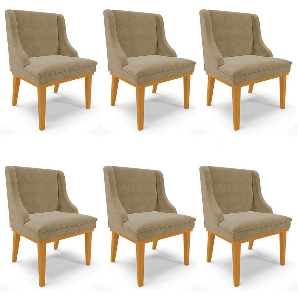 Kit 6 Cadeiras Estofadas para Sala de Jantar Base Fixa de Madeira Castanho Lia Suede Marrom RT - Ibi