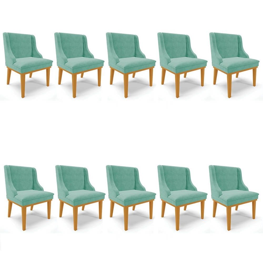 Kit 10 Cadeiras Estofadas para Sala de Jantar Base Fixa de Madeira Castanho Lia Suede Azul Turquesa