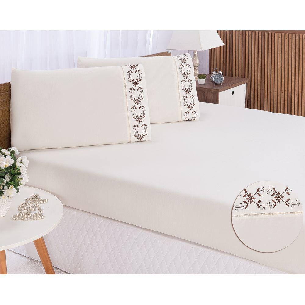 Jogo lençol king casal bordado 3peças Palha chocolate veneza