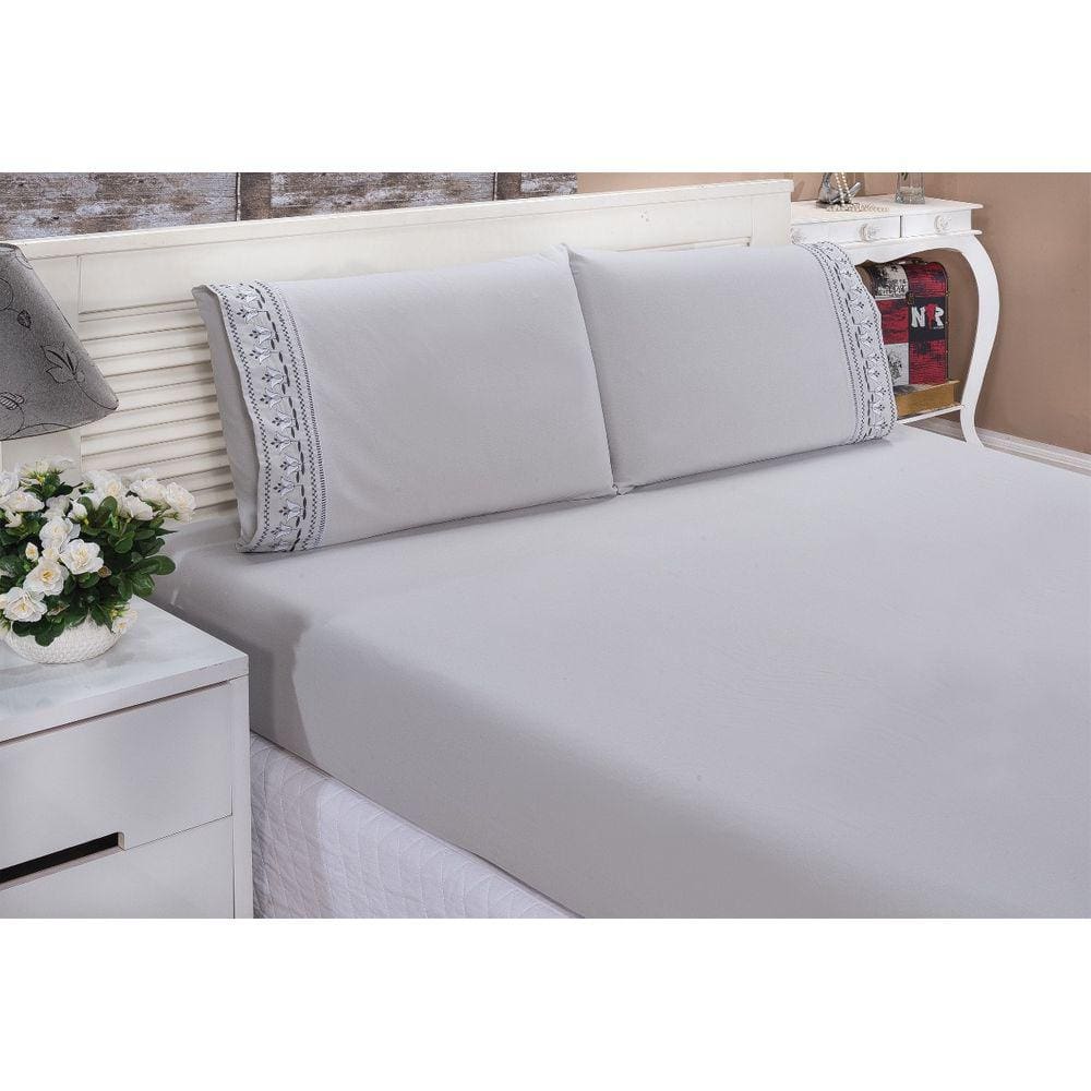 Jogo lençol king bordado 3 peças cinza tulipa quarto casal