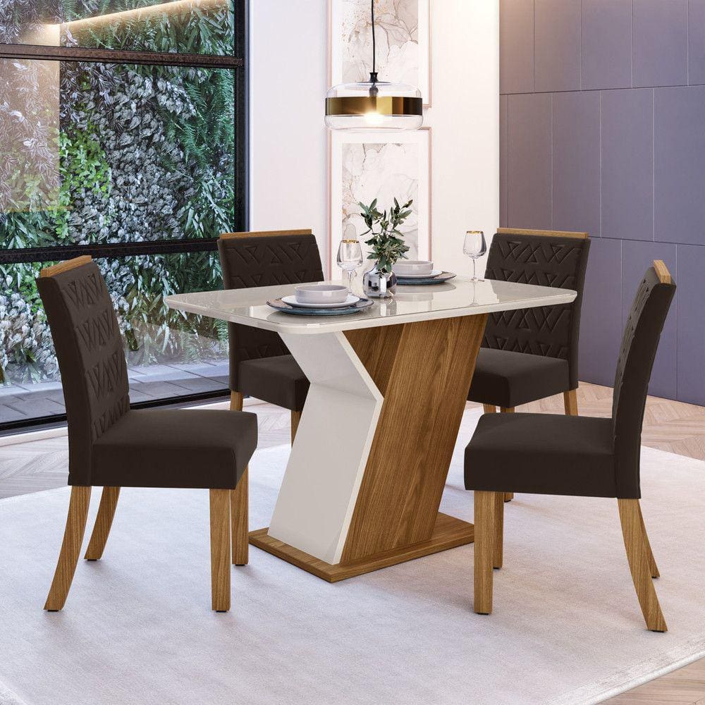 Conjunto Sala de Jantar Tampo MDF com Vidro Canto Arredondado 120 Cm 4 Cadeiras Juanita Casa 812