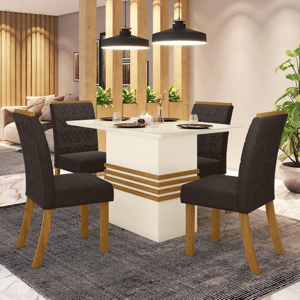 Conjunto Sala de Jantar Tampo MDF com Vidro Canto Reto 120 Cm 4 Cadeiras Melinda Casa 812