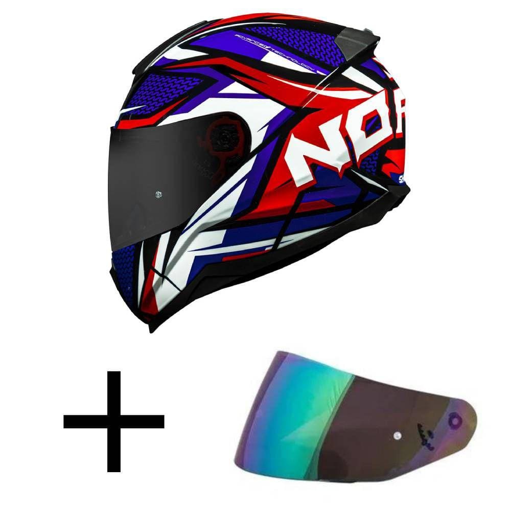 Capacete Norisk Razor Sharp Azul Vermelho e Branco Mais Viseira Camaleão