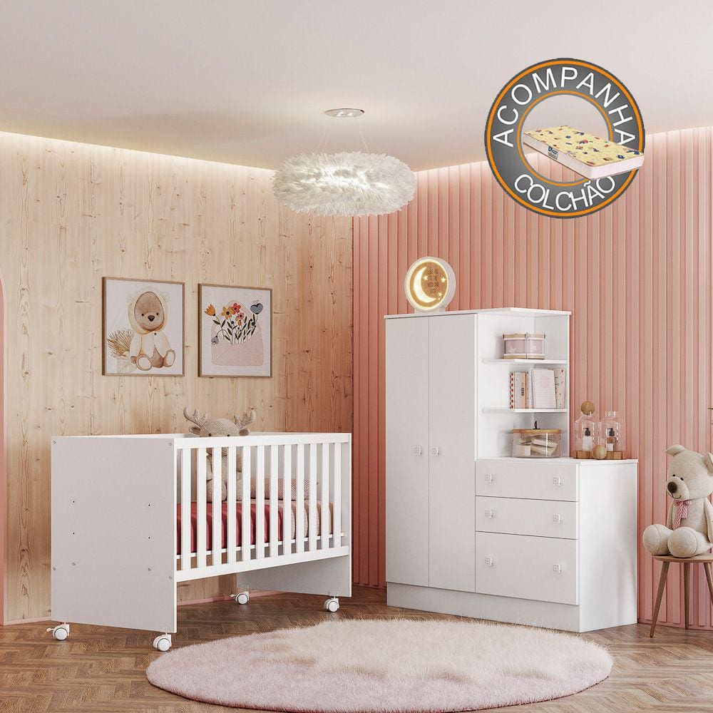 Quarto de Bebê Doce Sonho com Roupeiro + Berço Branco Qmovi + Colchão Gazin