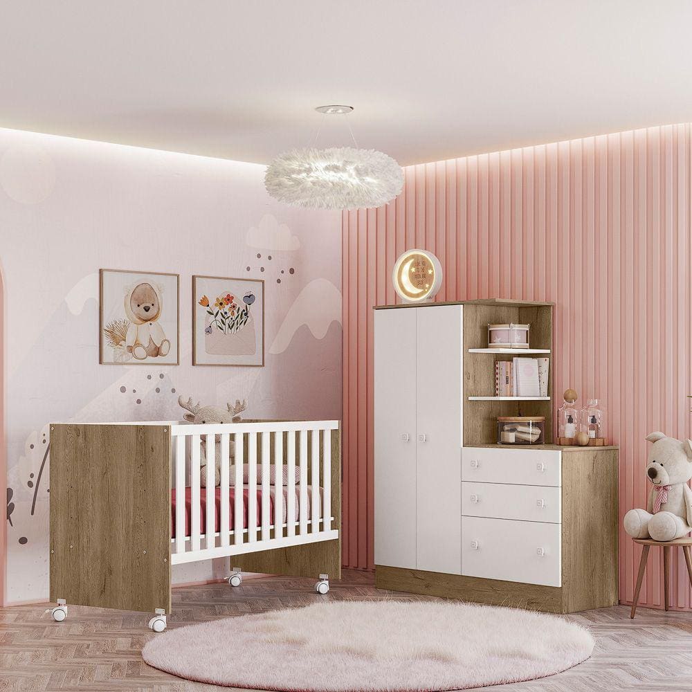 Quarto de Bebê Doce Sonho com Roupeiro e Berço Qmovi Carvalho Branco