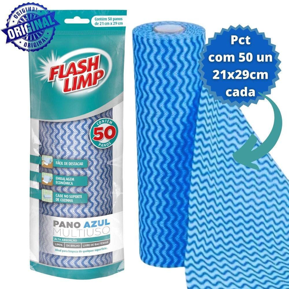 Rolo Pano Multiuso Flash Limp Azul 50 Pecas De 21X29Cm Cada