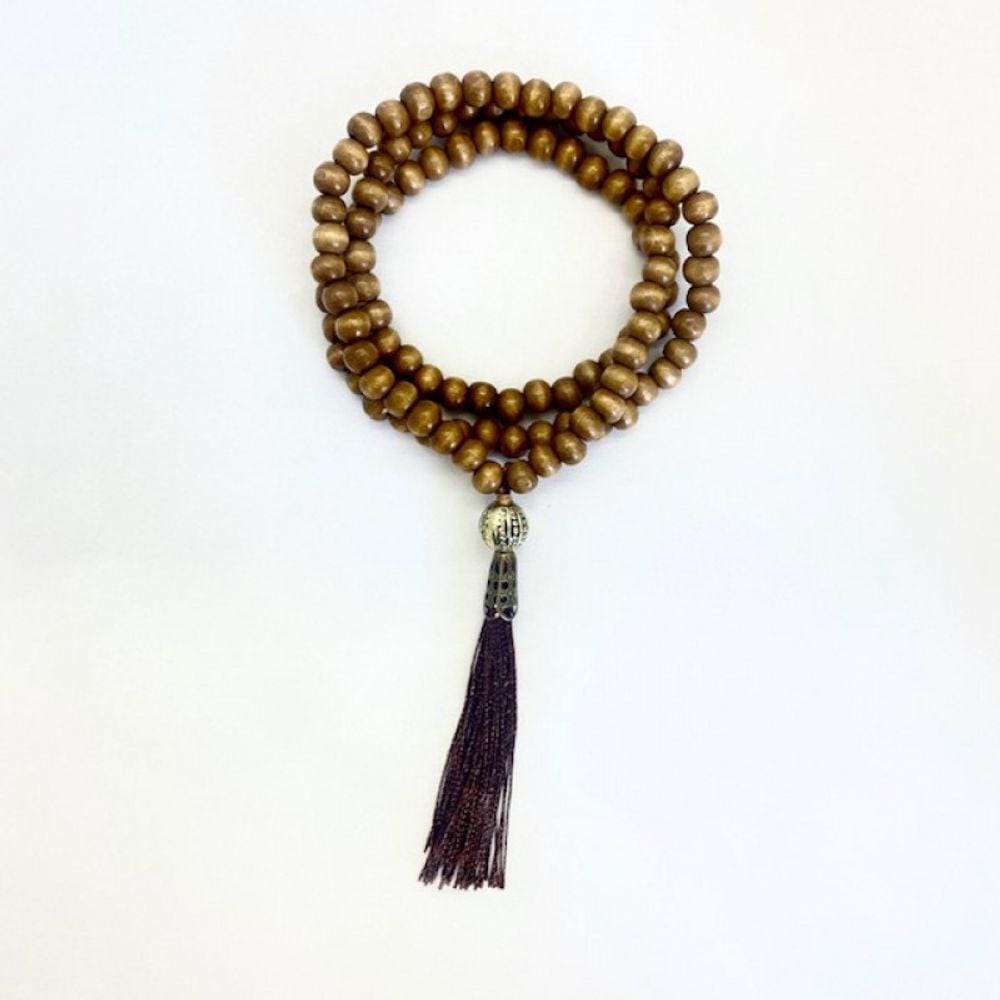 Japamala Ho Oponopono Budista 108 Contas em Madeira e Cristal Pompom Marrom 8MM