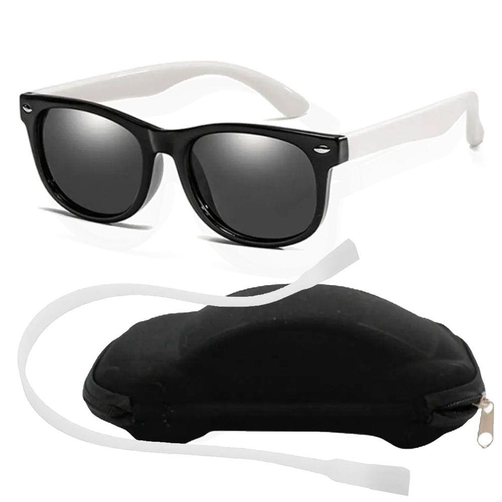 Óculos de Sol Flexível Infantil + Case Carrinho + Cordão Silicone Preto e Branco