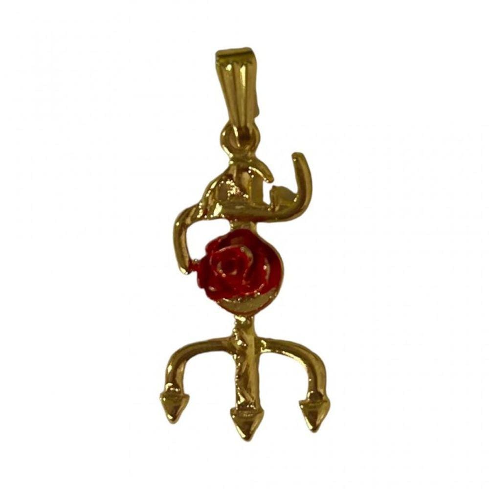 Pingente Tridente Pomba Gira Rosa Vermelha 2,9 cm Dourado