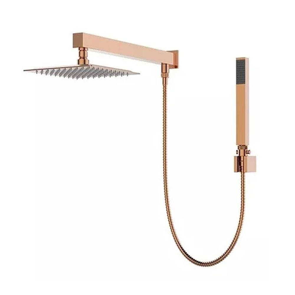 Kit Ducha Inox 20cm + Braco De Parede Quadrado Com Desviador Rosa Gold Dc-7017rg Luuk Young