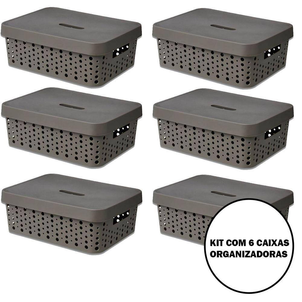 Kit 6 Caixas Organizadora Multiuso Para Armazenamento e Organização com Tampa 11L Cinza / Marrom / Preto / Rose / Verde / Vermelho