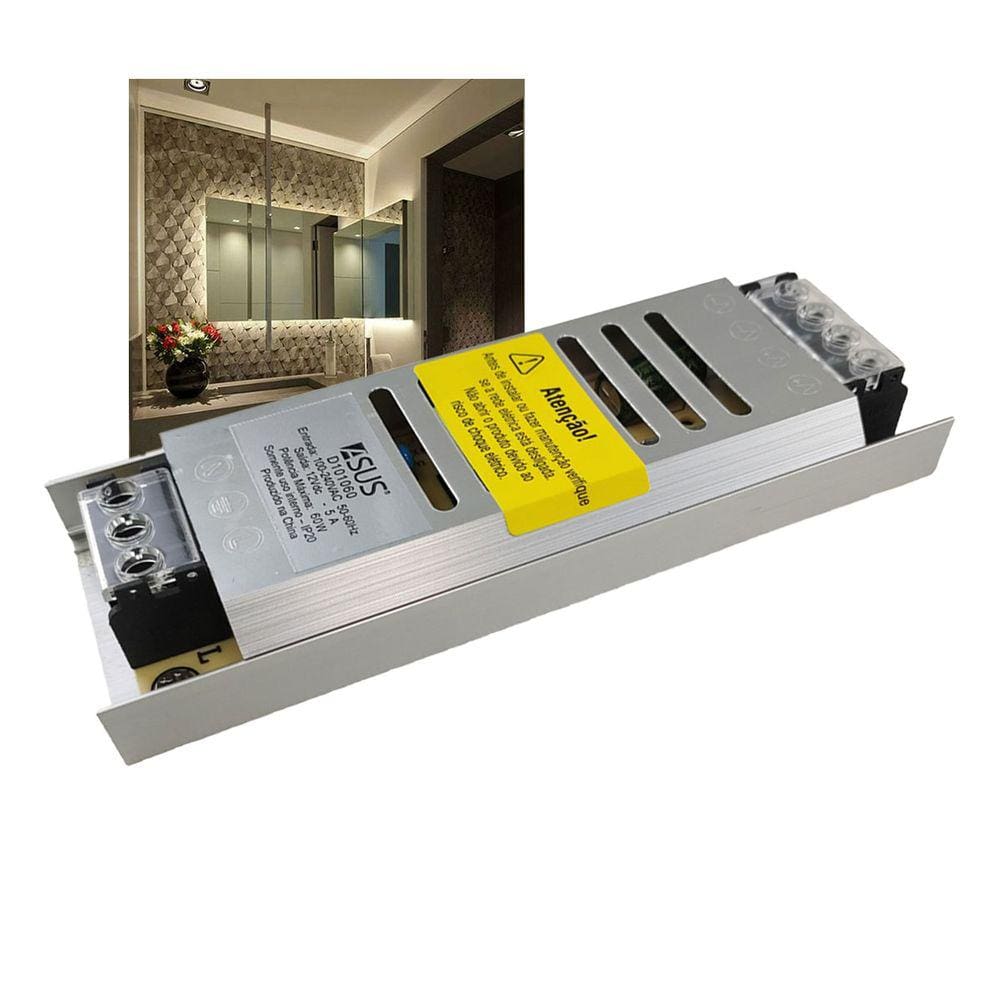 Fonte Chaveada Slim Driver 12V 5A Perfil Fita de Led Camera CFTV Bivolt Segurança Circuito Interno Iluminaçao