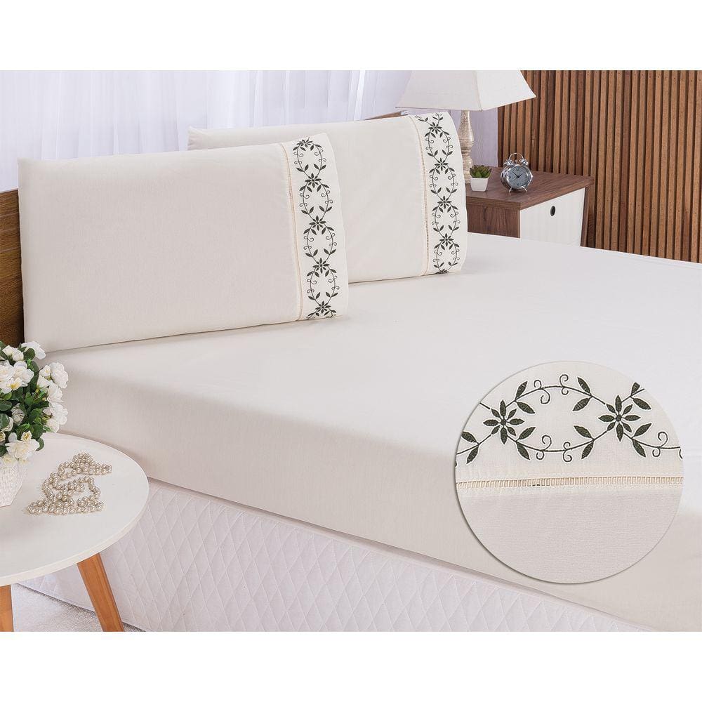 Jogo lençol Queen casal bordado 3peças Palha Verde veneza