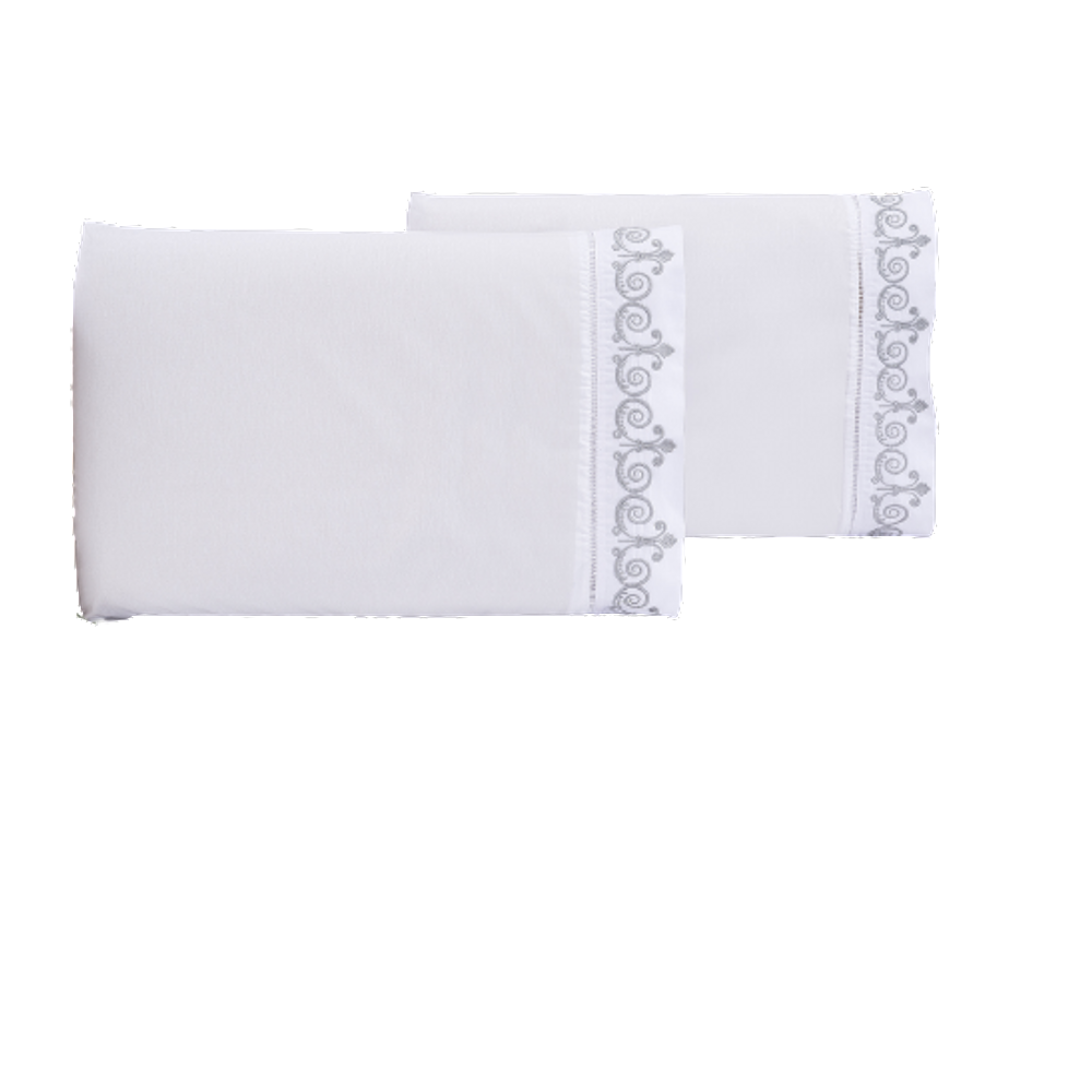 Jogo lençol Queen quarto casal bordado 3 peças branco cinza
