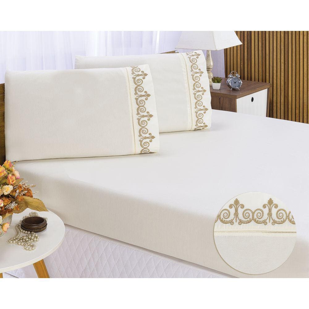 Jogo lençol quarto casal Queen bordado 3peças Palha caqui