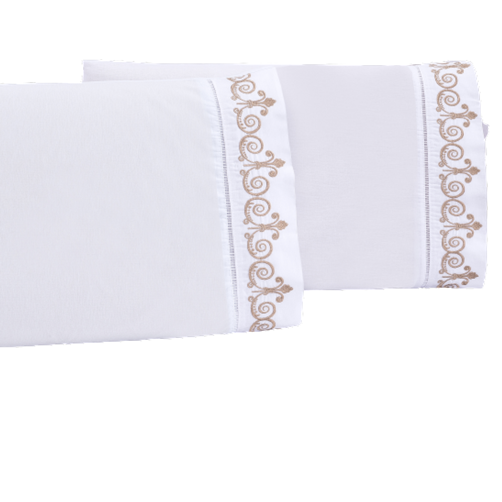 Jogo lençol queen quarto casal bordado 3 peças branco caqui