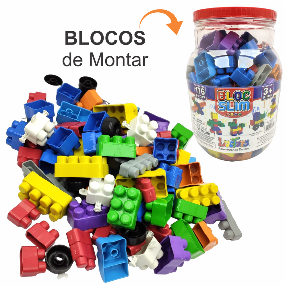 Blocos De Montar Bloc Slin 176 Peças Brinquedo Interativo Educativo Pote Com Tampa Peças Coloridas