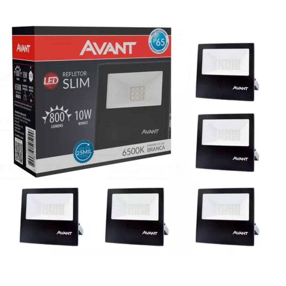 Refletor Led 10W Preto Bivolt Avant 5 Unidades