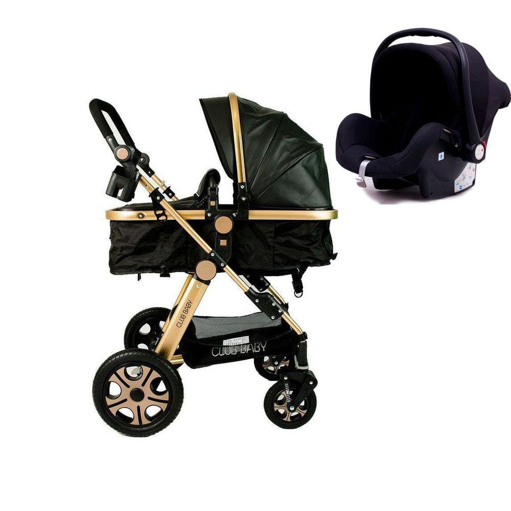 Kit 3Em1 Carrinho Bebê Com Freios + Bebê Conforto Preto
