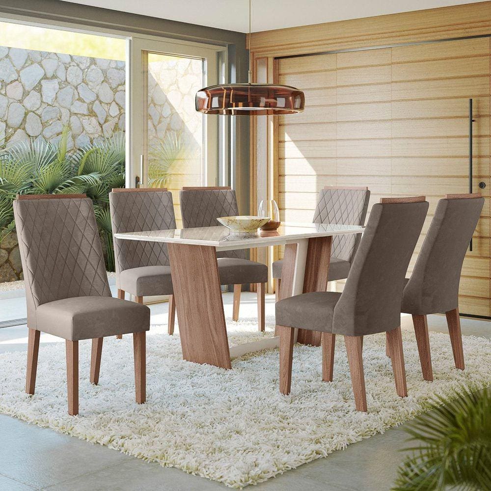 Conjunto Sala de Jantar 156x84cm Tampo Vidro/MDF com 6 Cadeiras Rubi Amendoa