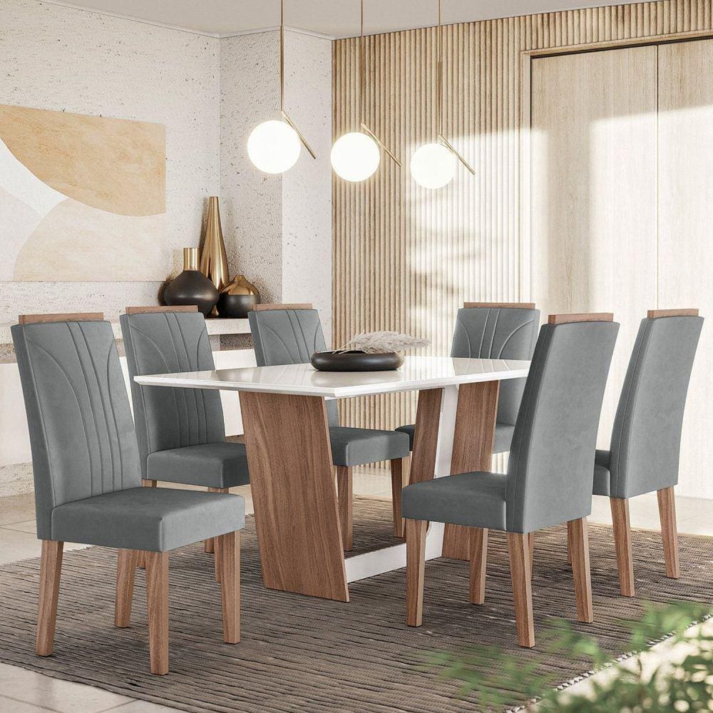 Conjunto Sala de Jantar 156x84cm Tampo Vidro/MDF com 6 Cadeiras Cristal Amendoa