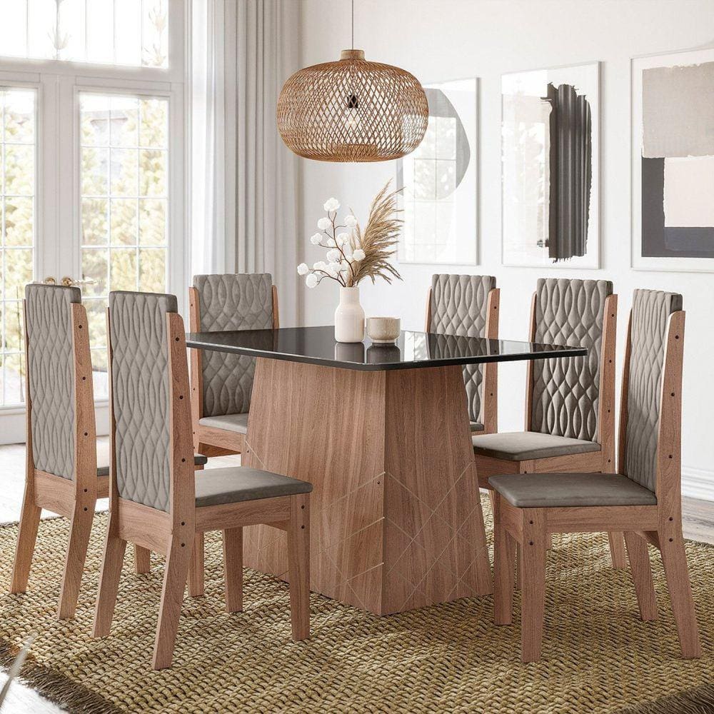 Conjunto Sala de Jantar 135x90cm Tampo Vidro/MDF com 6 Cadeiras Torre Lisboa Amendoa