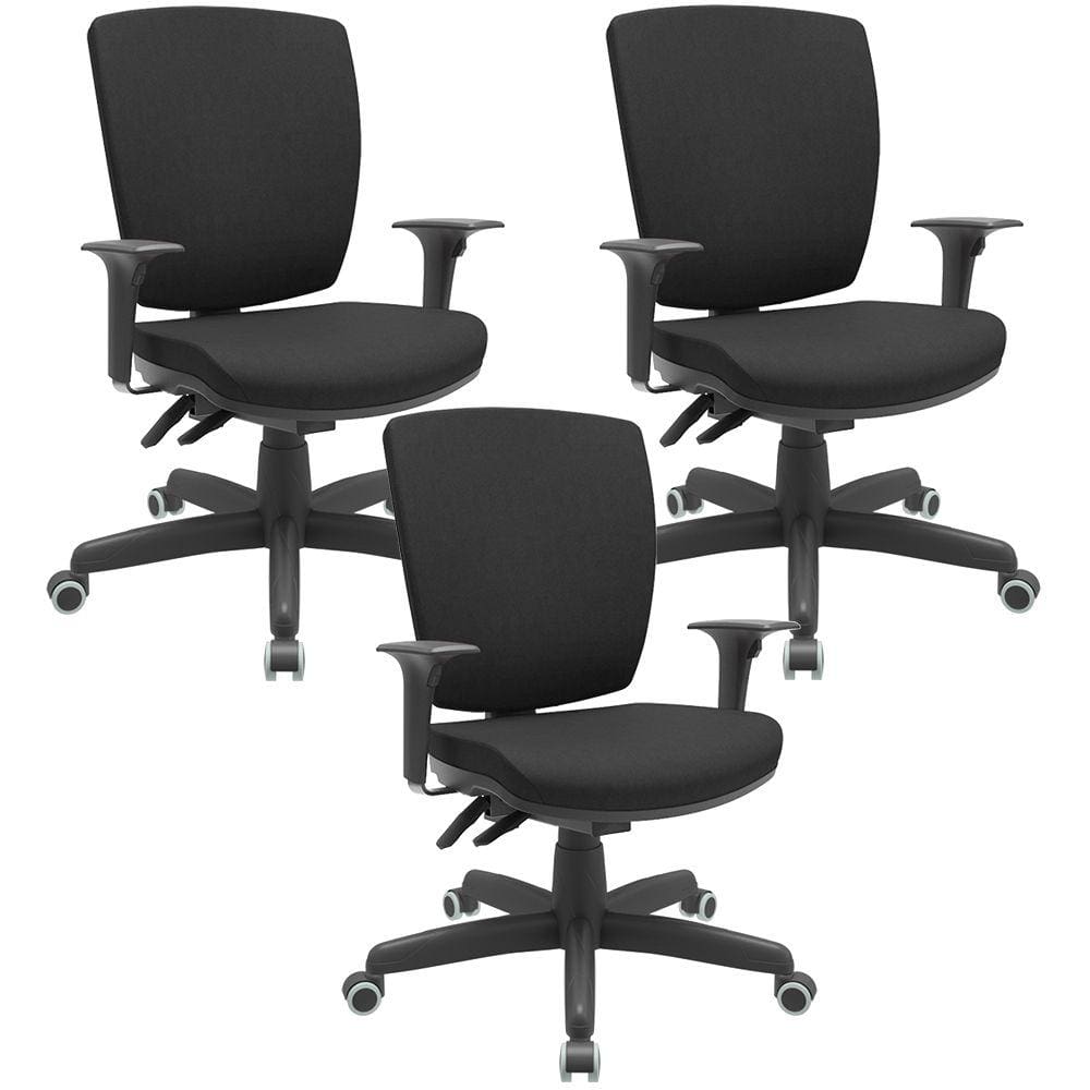 Kit 03 Cadeiras de Escritório Diretor Office Giratória Preto Alta Flexi P03 PoliésterPreto -Lyam
