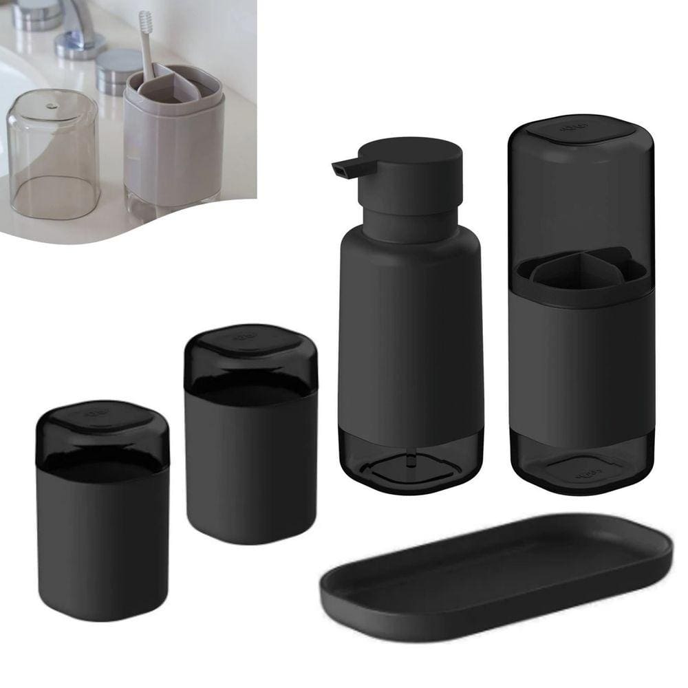 Kit Dispenser Sabonete Líquido Suporte Escova Creme Dental 2 Porta Algodão Bandeja Pia Preto Dual Ou