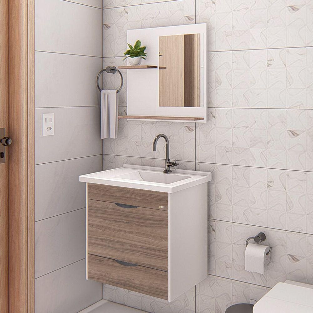 Conjunto Gabinete de Banheiro Suspenso 1 Gaveta com Espelheira e Cuba Textura Branco