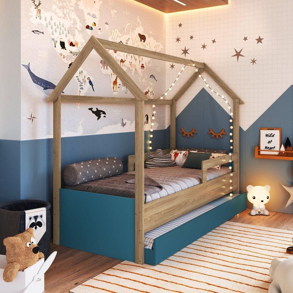 Cama Infantil Montessoriana com Cama Auxiliar Aveiro Oak/Azul Secreto