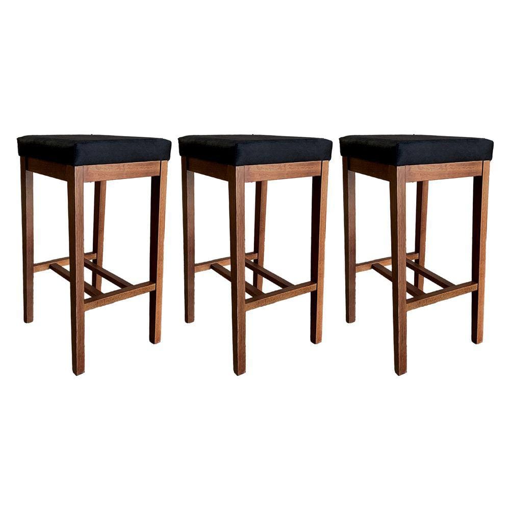 Kit 3 Banquetas Alta Bali para Cozinha 74 Cm Madeira Maciça Suede Preto CCS