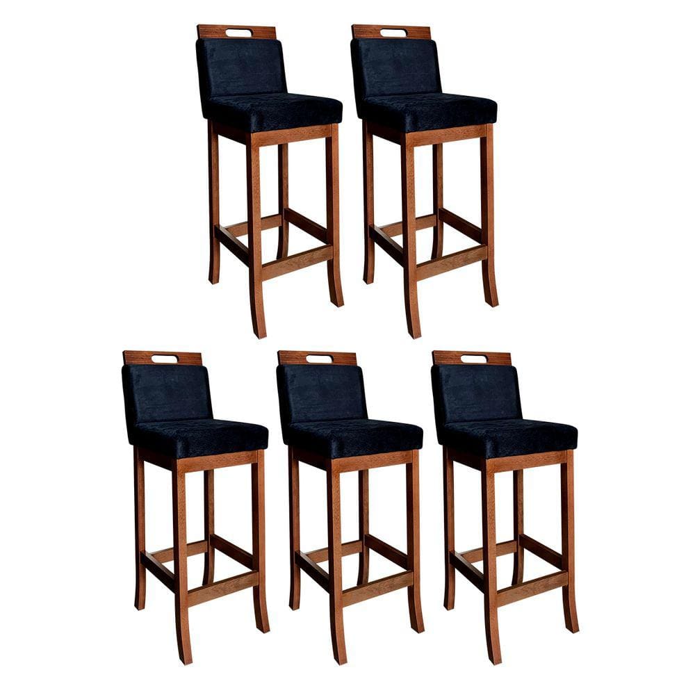 Kit 5 Banquetas Alta Milão para Ilha de Cozinha Madeira Pinhão Suede Preto CCS