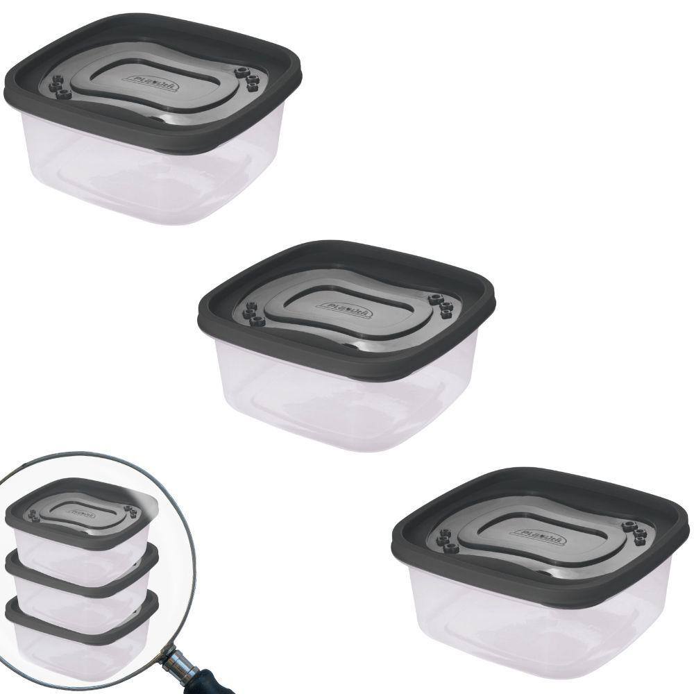 Pote de plástico Clic quadrado 1,1 litros com 3 unidades Plasutil ref.13865